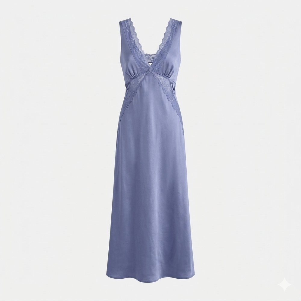 Satin Lace Trim Nightgown Or Slip Dress - Lavender Blue Size Small